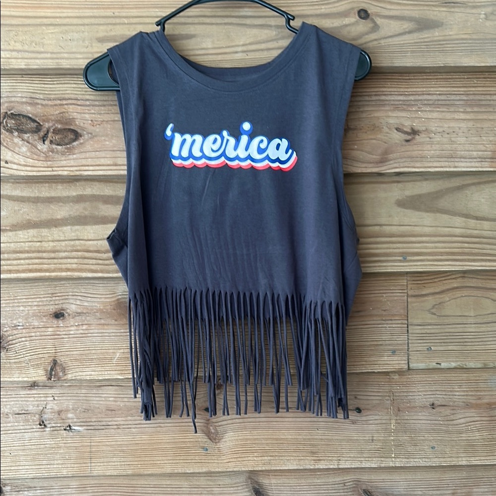 Fringe Sleeveless Top with 'Merica Graphic